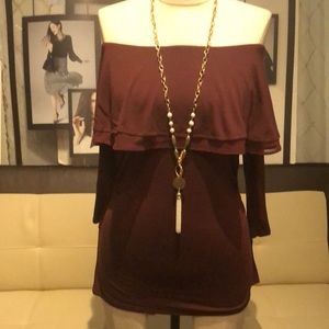 New WHBM Flounce Burgundy Top with 3/4 Sleeve